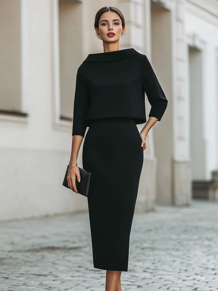 Midi Dress Boat Neck Elegant Tailored Silhouette Style