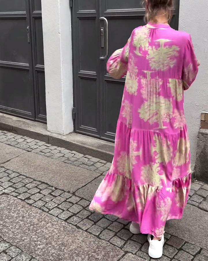 Maxi Dress Print Flounce Sleeves Stand Collar Stylish Airy