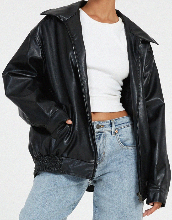 Womens Oversized Faux Leather Jacket with Zip Front and Drop Shoulders
