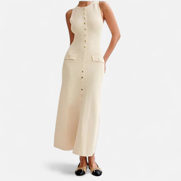 Knit Maxi Dress Button Detail Sleeveless Elegant Summer Style