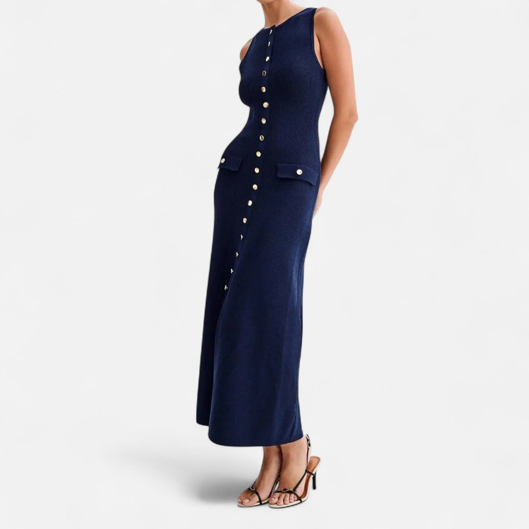 Knit Maxi Dress Button Detail Sleeveless Elegant Summer Style