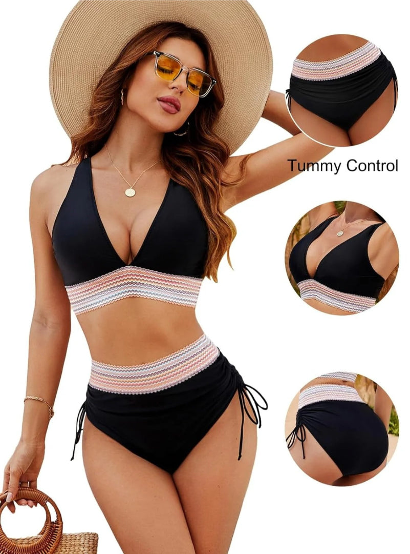 Bikini High Waisted Neck Tie Contrast Strap Two Piece Swimwear