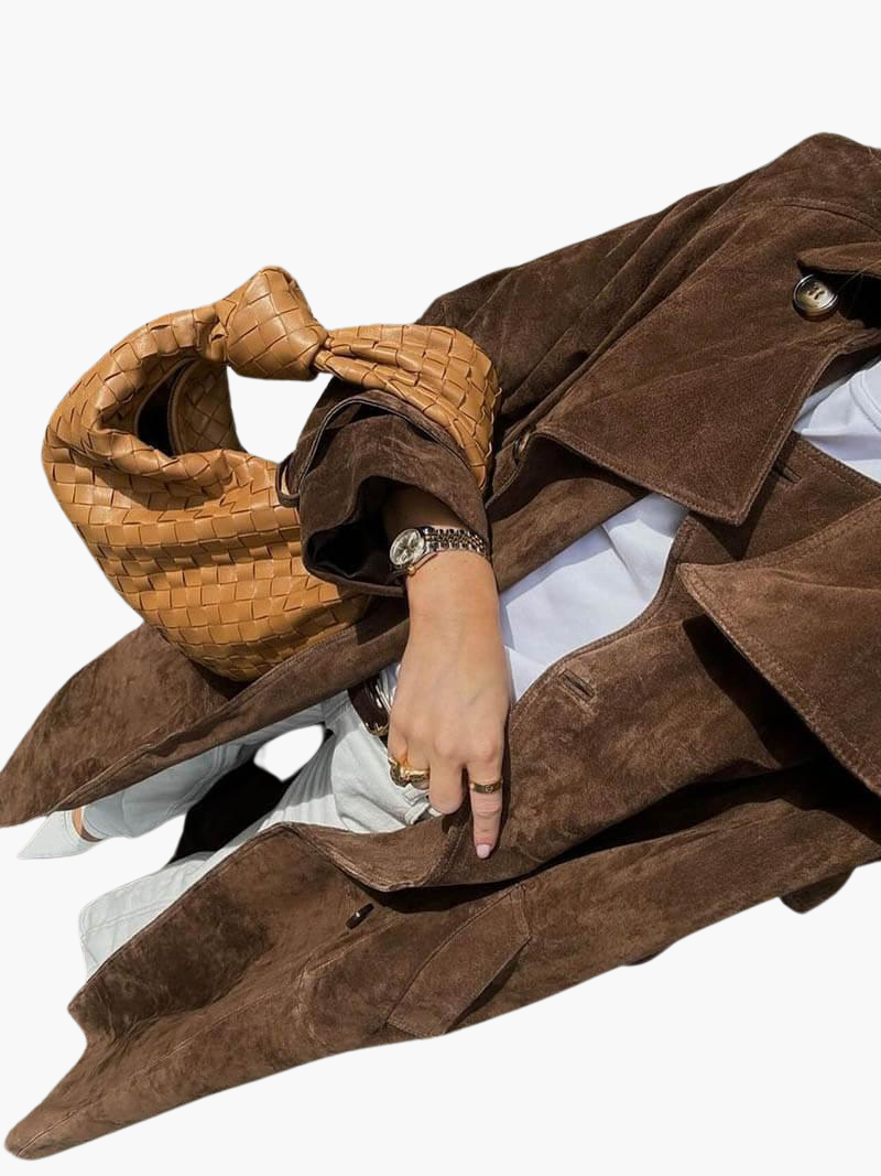 Womens Suede Trench Coat with Belted Waist and Notch Lapels