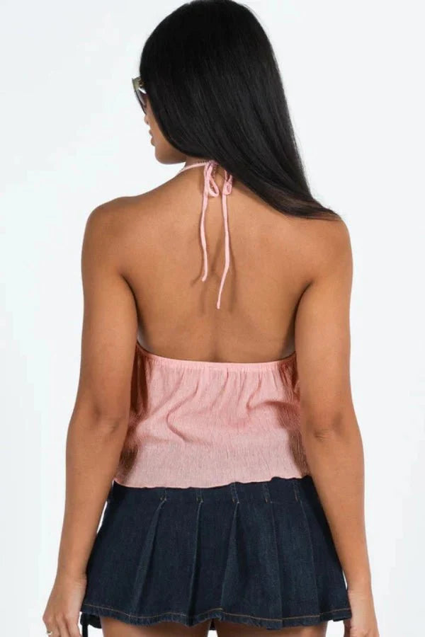 Halter Top Tie Front Y2K Textured Fringed Burgundy Summer Style
