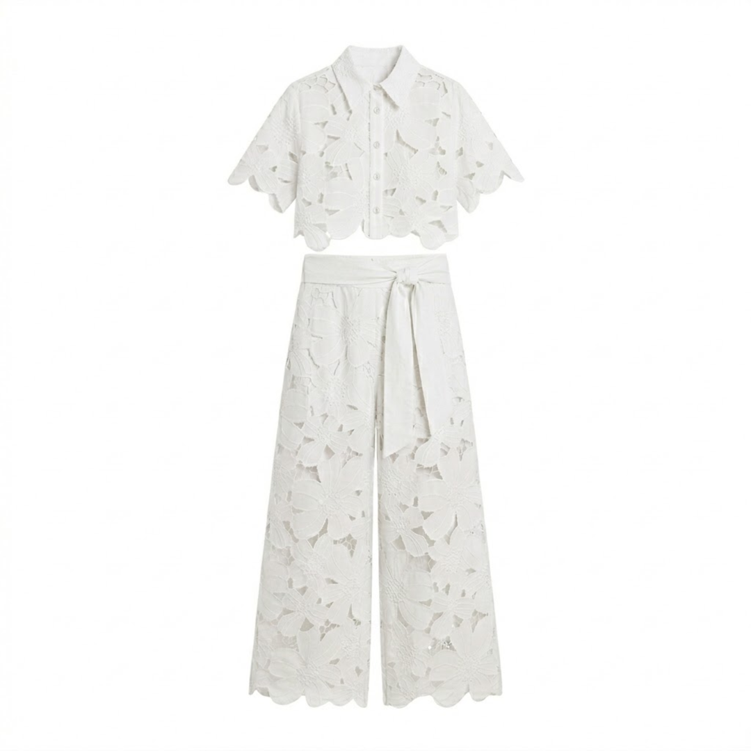 Two Piece Set Lace Top Wide Leg Pants Elegant Style