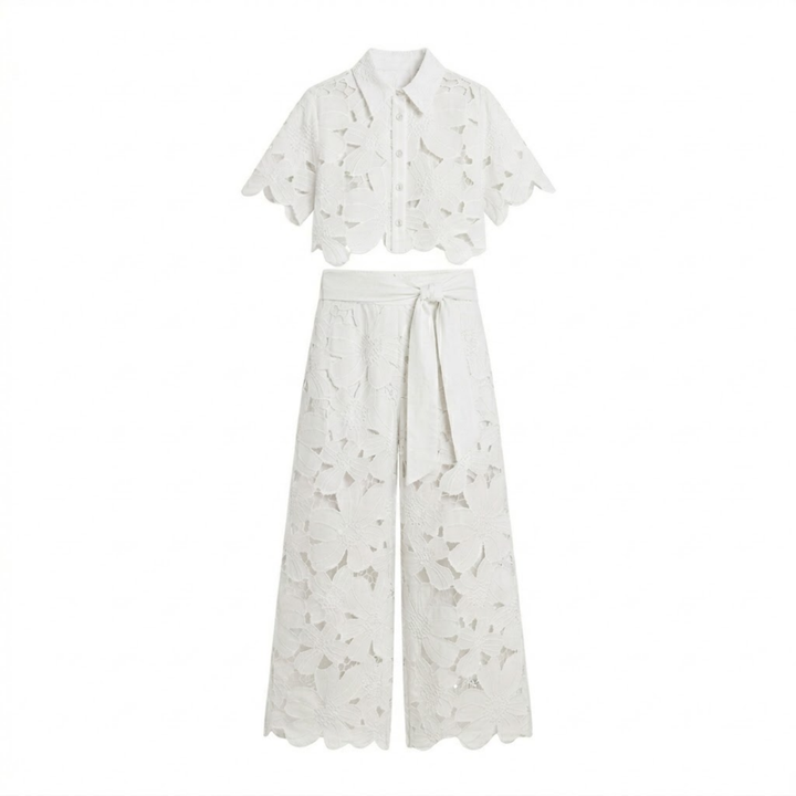 Two Piece Set Lace Top Wide Leg Pants Elegant Style