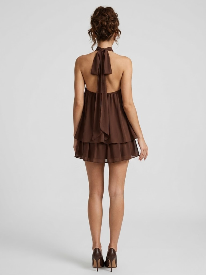 Short Halter Neck Backless Layered Ruffle Dress for Women