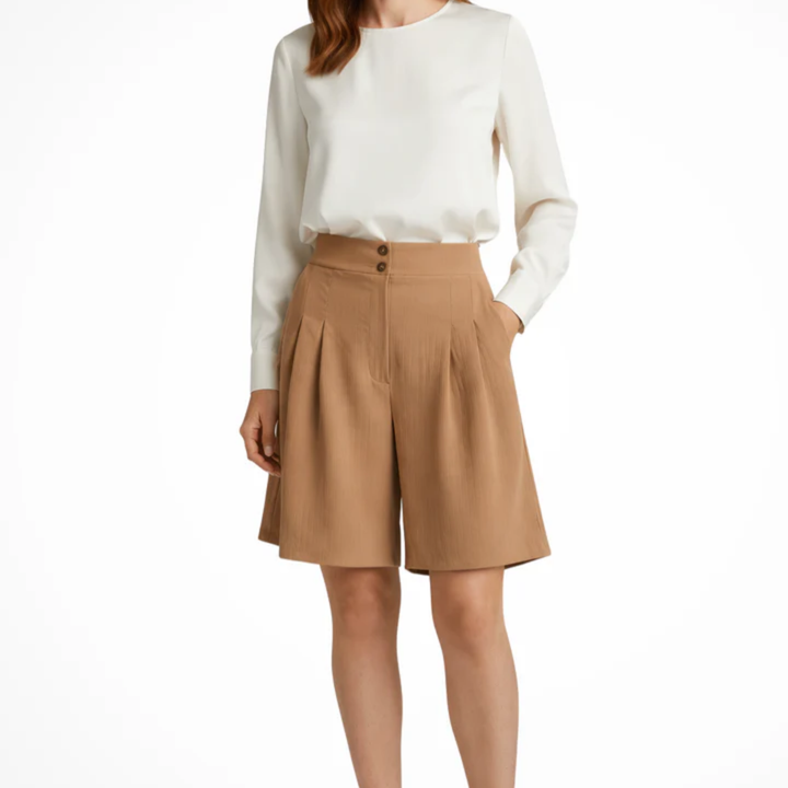 Bermuda Shorts High Waist Structured Wide Leg Pleated Elegant Style