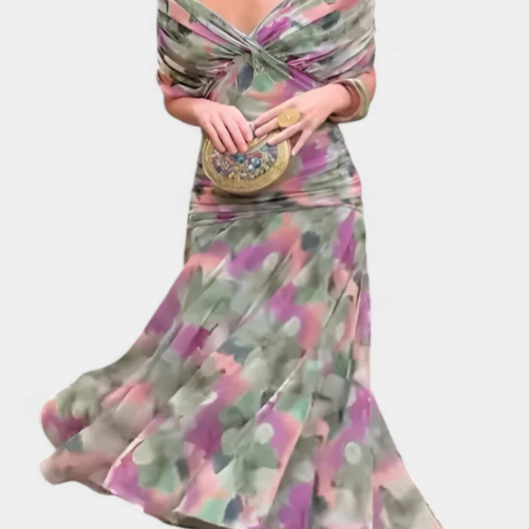 Maxi Dress Flared Skirt V Neck Floaty Sleeve Occasion Style