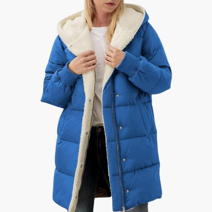 Womens Hooded Puffer Coat with Faux Fur Trim and Longline Fit