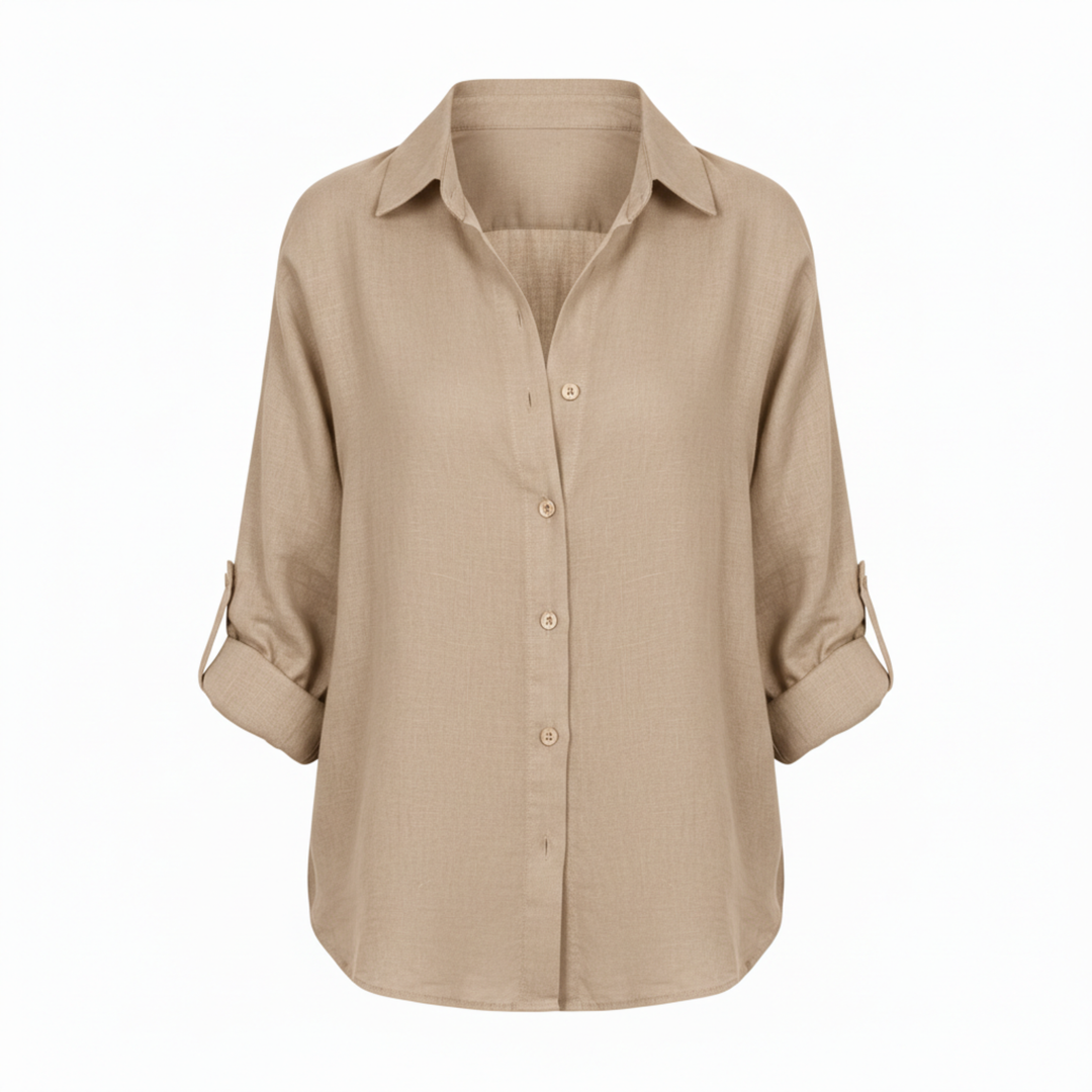 Shirt Button Up Three Quarter Sleeve Split Neck Relaxed Casual Style
