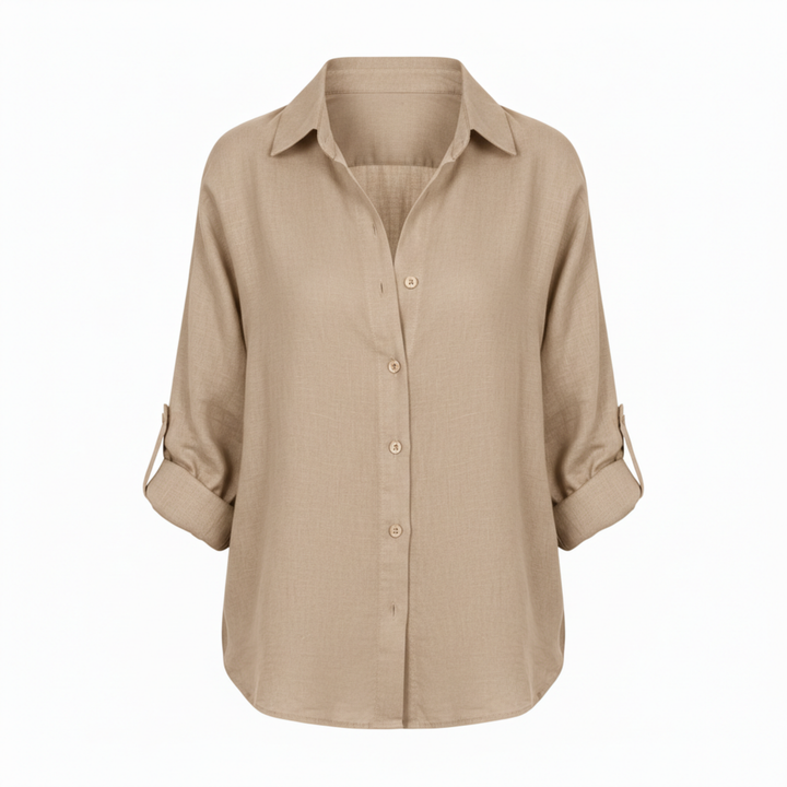Shirt Button Up Three Quarter Sleeve Split Neck Relaxed Casual Style