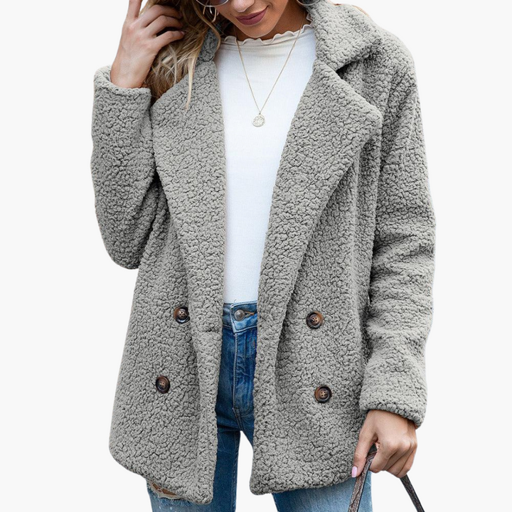 Womens Teddy Jacket with Notch Lapel Double Breasted Front and Relaxed Fit
