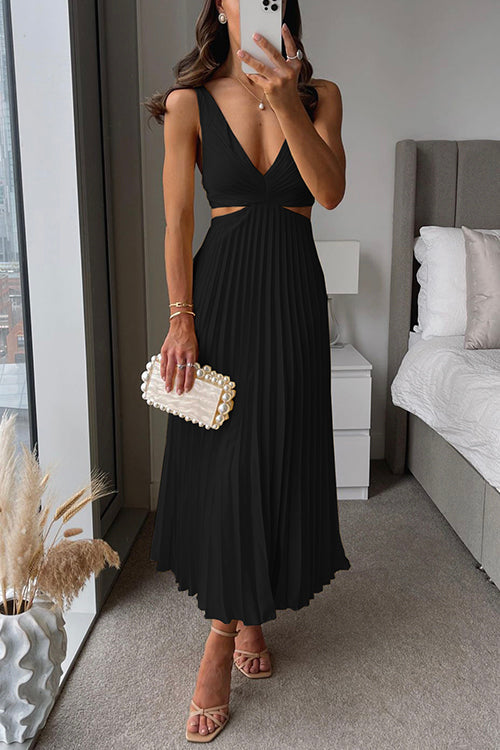 Womens Wedding Guest Midi Dress with V Neck Fine Straps Pleated Skirt and Fitted Waist