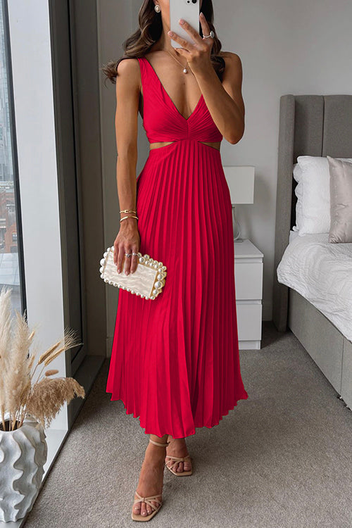 Womens Wedding Guest Midi Dress with V Neck Fine Straps Pleated Skirt and Fitted Waist