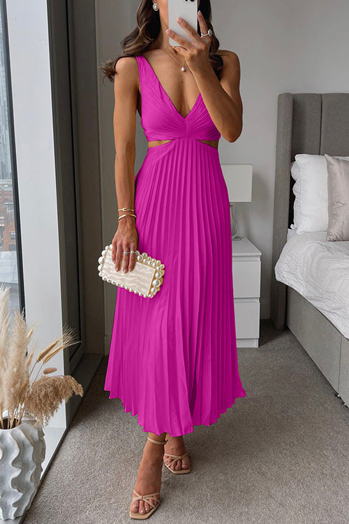 Womens Wedding Guest Midi Dress with V Neck Fine Straps Pleated Skirt and Fitted Waist