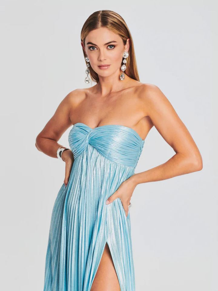 Long Strapless Dress for Women with Twisted Bodice and High Slit