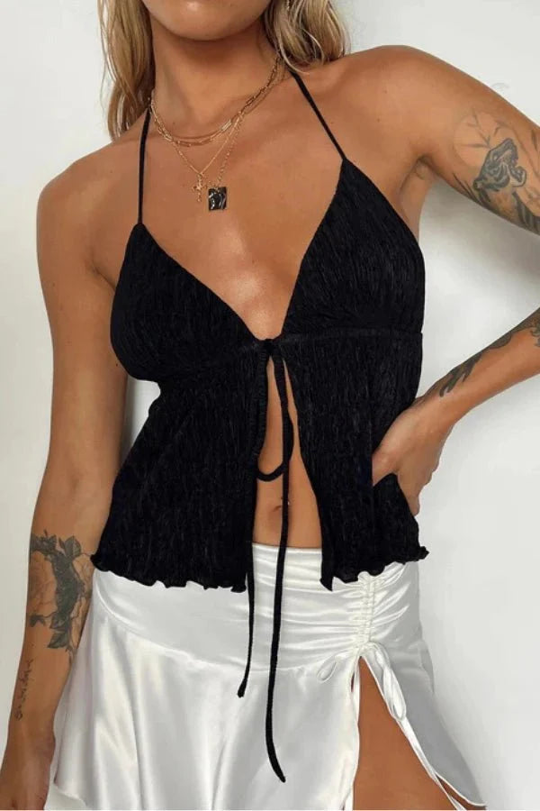 Halter Top Tie Front Y2K Textured Fringed Burgundy Summer Style
