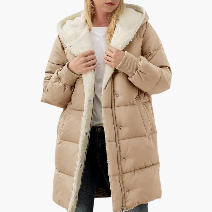 Womens Hooded Puffer Coat with Faux Fur Trim and Longline Fit