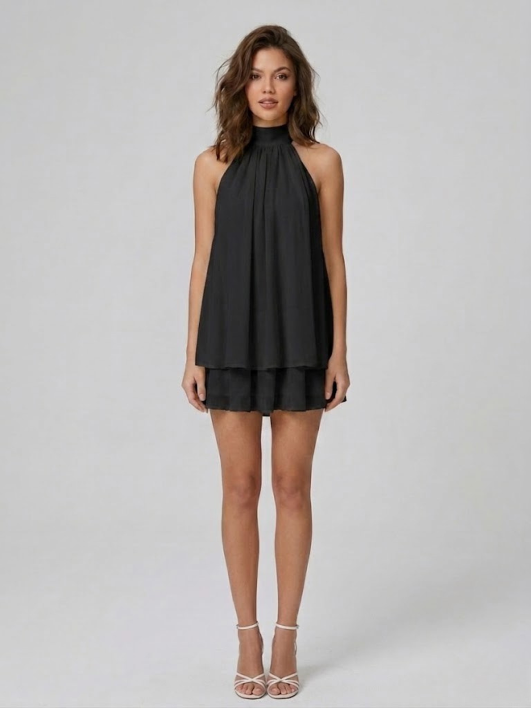Short Halter Neck Backless Layered Ruffle Dress for Women