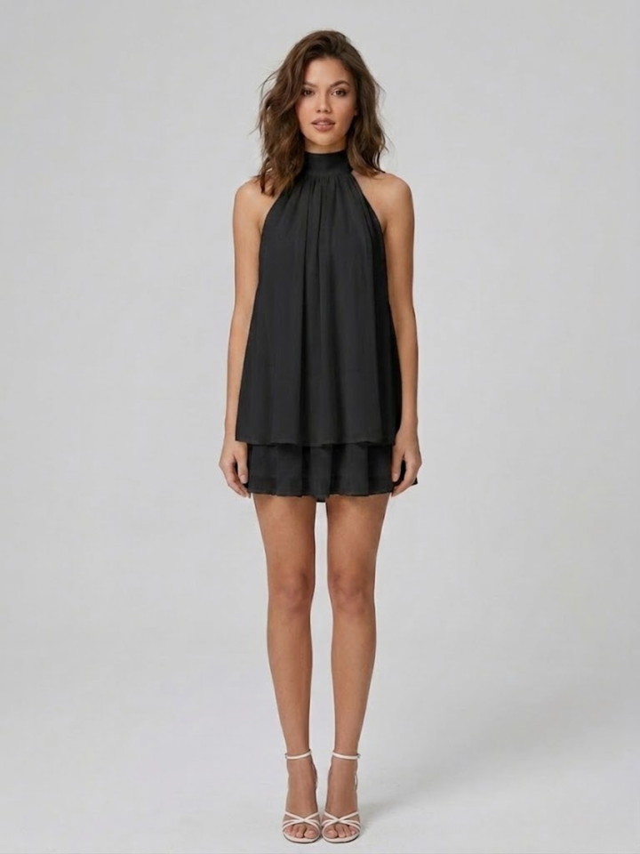 Short Halter Neck Backless Layered Ruffle Dress for Women