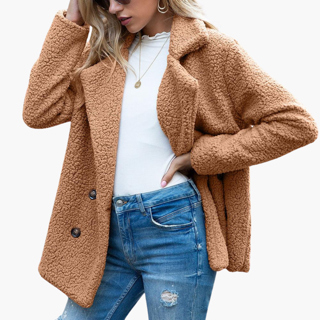Womens Teddy Jacket with Notch Lapel Double Breasted Front and Relaxed Fit