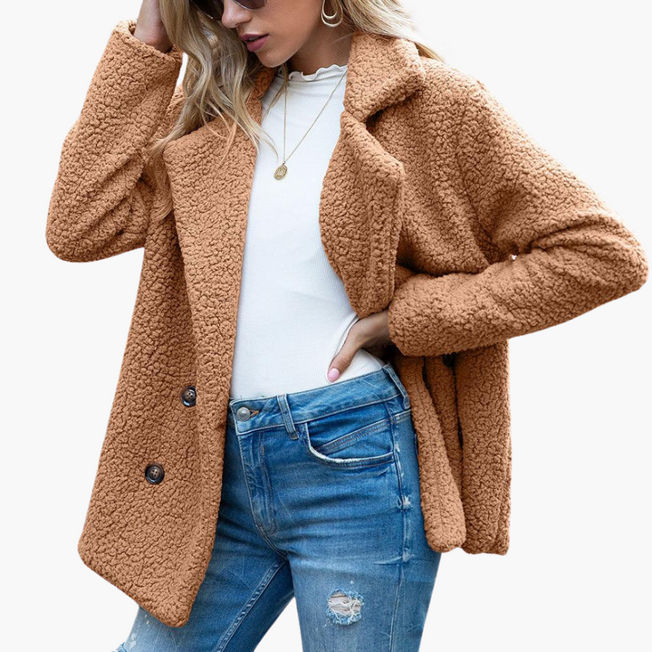 Womens Teddy Jacket with Notch Lapel Double Breasted Front and Relaxed Fit