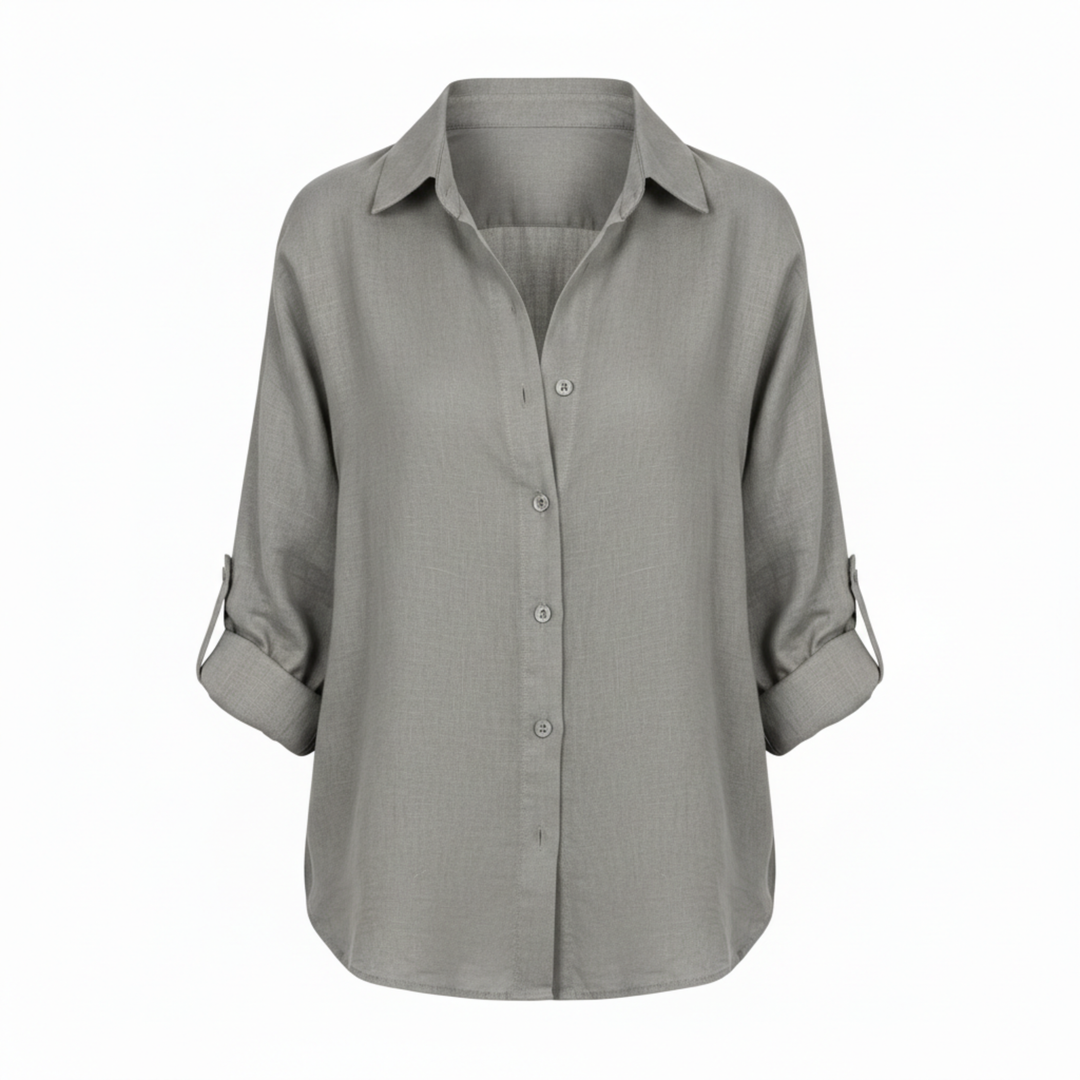 Shirt Button Up Three Quarter Sleeve Split Neck Relaxed Casual Style