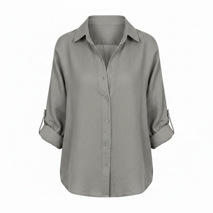 Shirt Button Up Three Quarter Sleeve Split Neck Relaxed Casual Style