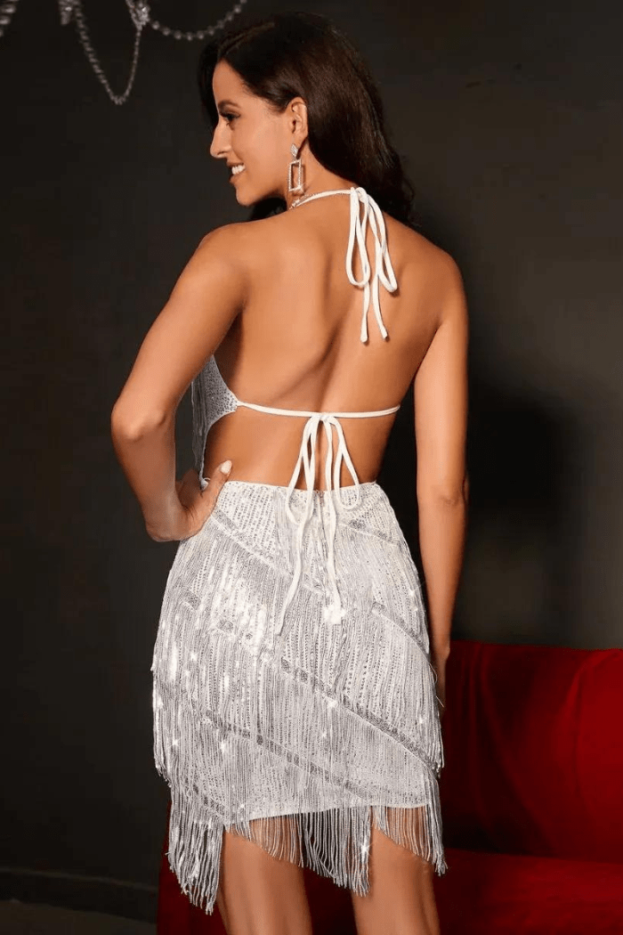 Halter Neck Mini Dress Tassel Fringe Detail Bodycon Fit Party Style