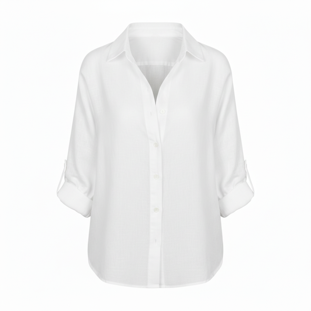 Shirt Button Up Three Quarter Sleeve Split Neck Relaxed Casual Style
