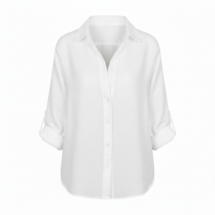 Shirt Button Up Three Quarter Sleeve Split Neck Relaxed Casual Style