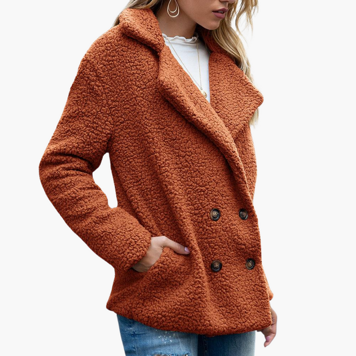 Womens Teddy Jacket with Notch Lapel Double Breasted Front and Relaxed Fit
