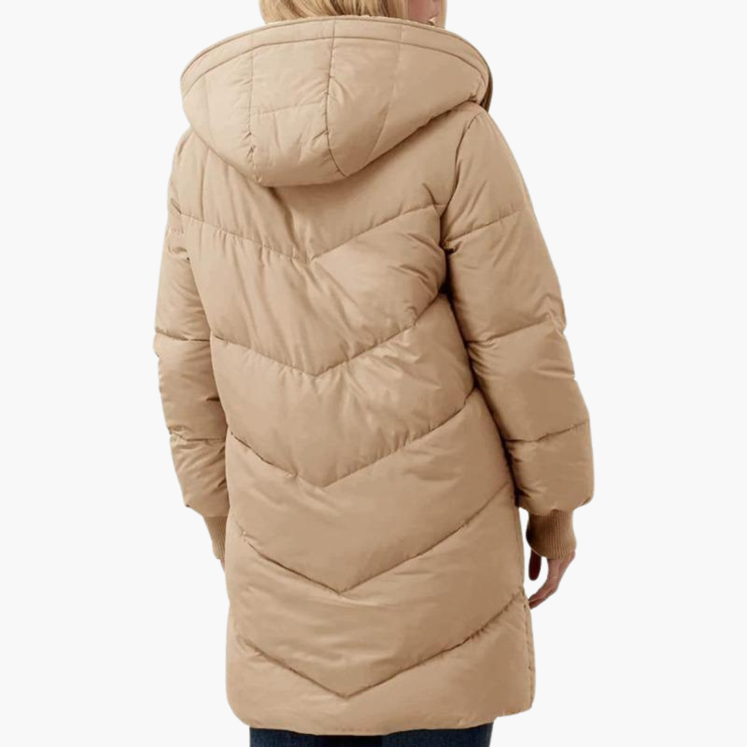 Womens Hooded Puffer Coat with Faux Fur Trim and Longline Fit