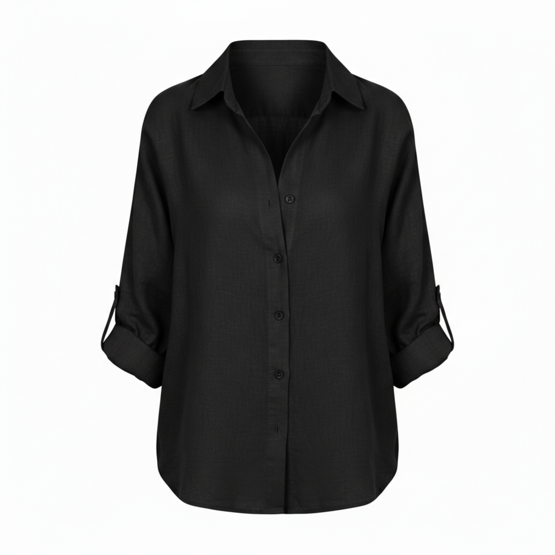 Shirt Button Up Three Quarter Sleeve Split Neck Relaxed Casual Style