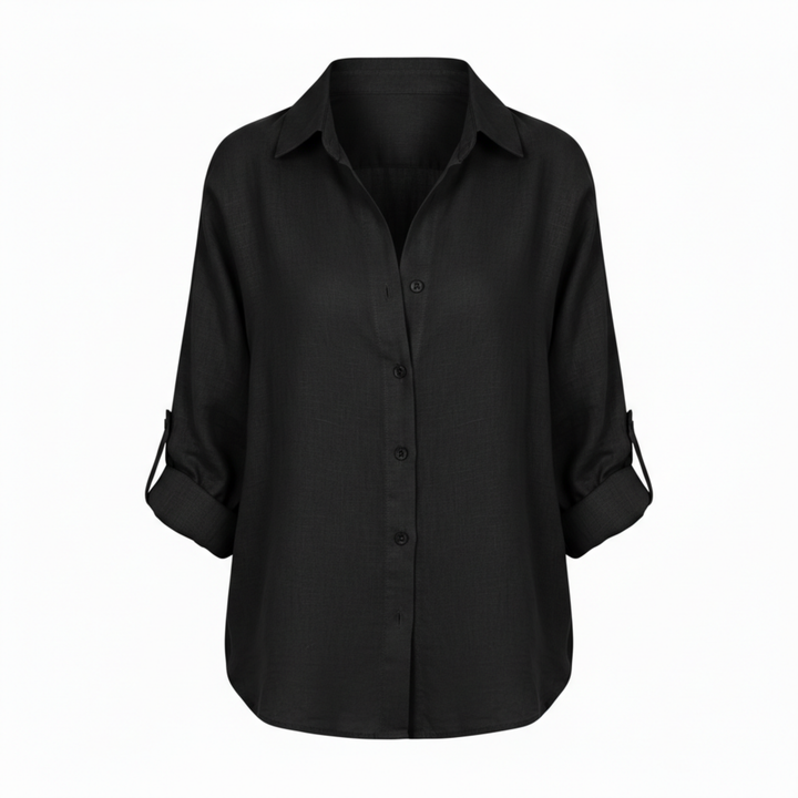 Shirt Button Up Three Quarter Sleeve Split Neck Relaxed Casual Style