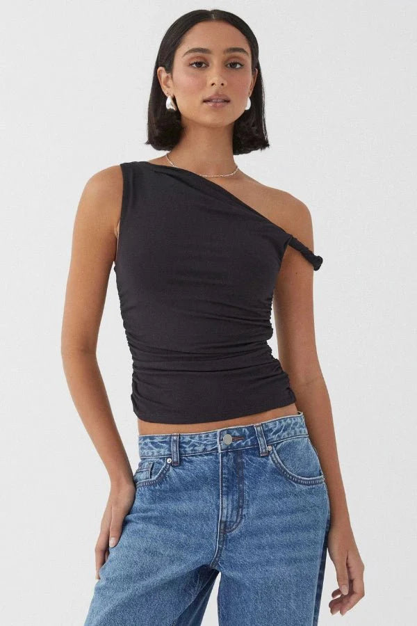 Top One Shoulder Ruched Asymmetric Fitted Minimal Style