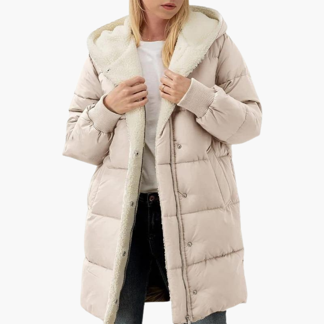 Womens Hooded Puffer Coat with Faux Fur Trim and Longline Fit