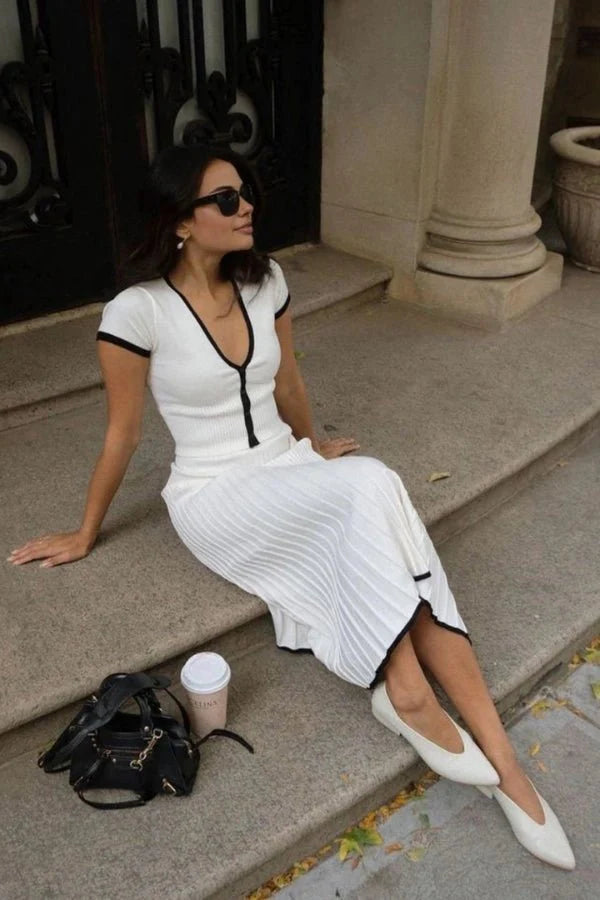 Two Piece Set V Neck Top Pleated Midi Skirt Elegant Style