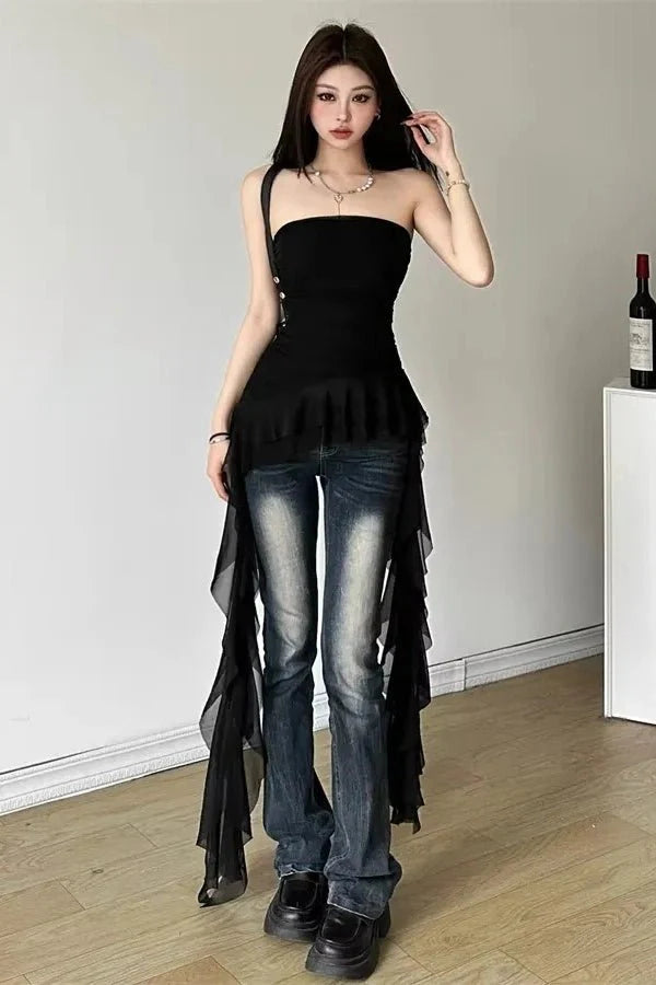 Ruffle Top Asymmetric Fitted Corset Sleeveless Elegant Statement Style