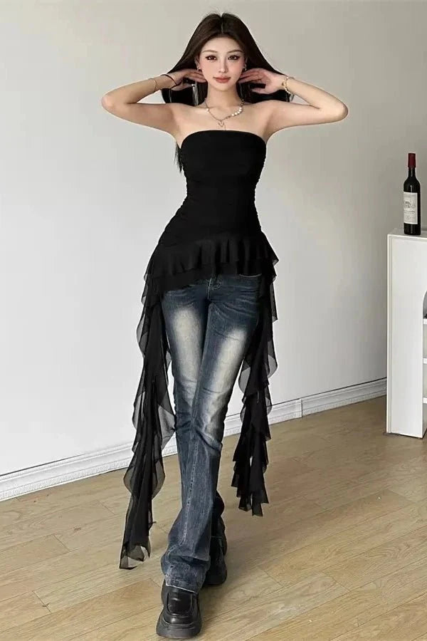 Ruffle Top Asymmetric Fitted Corset Sleeveless Elegant Statement Style