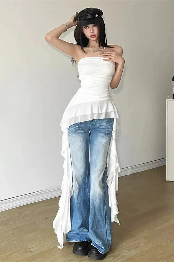 Ruffle Top Asymmetric Fitted Corset Sleeveless Elegant Statement Style