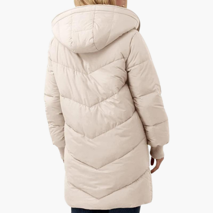 Womens Hooded Puffer Coat with Faux Fur Trim and Longline Fit