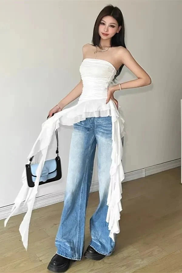 Ruffle Top Asymmetric Fitted Corset Sleeveless Elegant Statement Style
