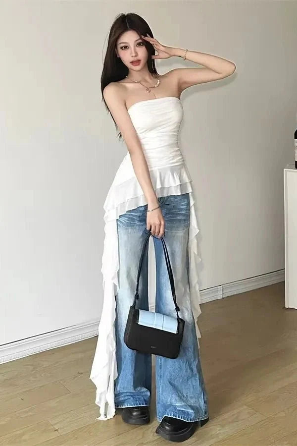 Ruffle Top Asymmetric Fitted Corset Sleeveless Elegant Statement Style
