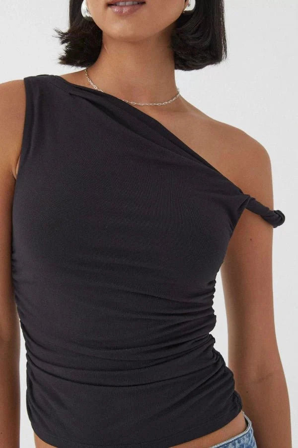 Top One Shoulder Ruched Asymmetric Fitted Minimal Style