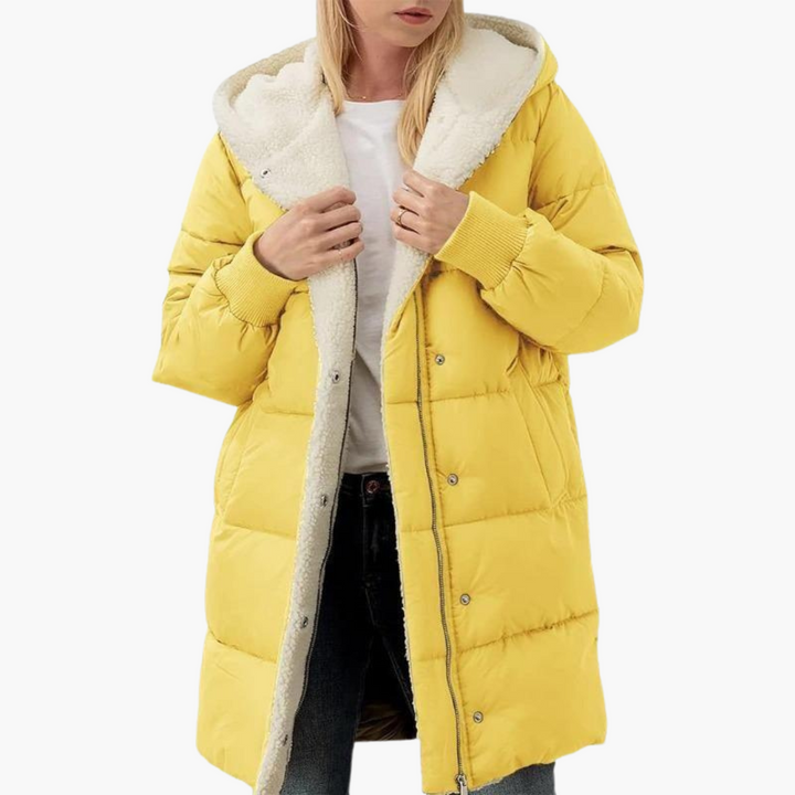 Womens Hooded Puffer Coat with Faux Fur Trim and Longline Fit