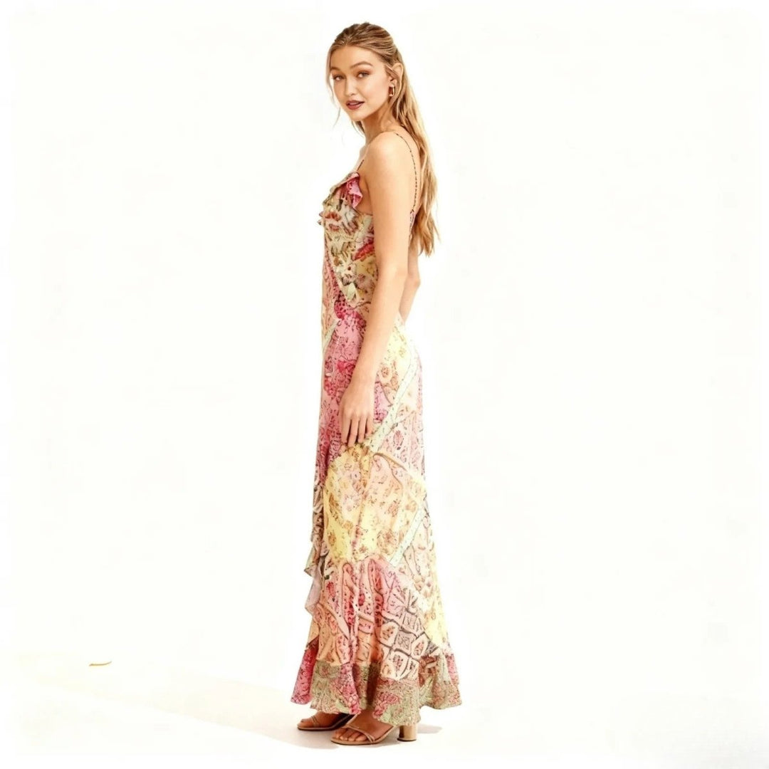 Slip Maxi Dress Patchwork Floral Print Boho Elegant Style