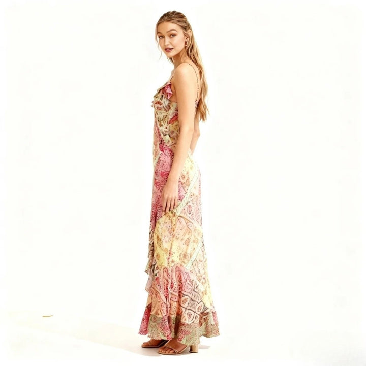 Slip Maxi Dress Patchwork Floral Print Boho Elegant Style