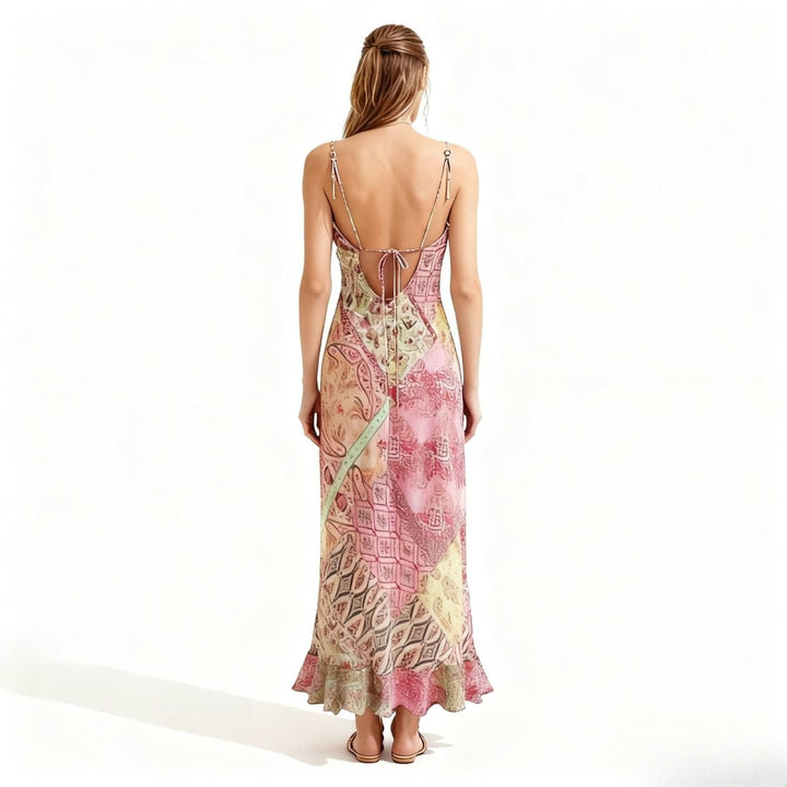 Slip Maxi Dress Patchwork Floral Print Boho Elegant Style